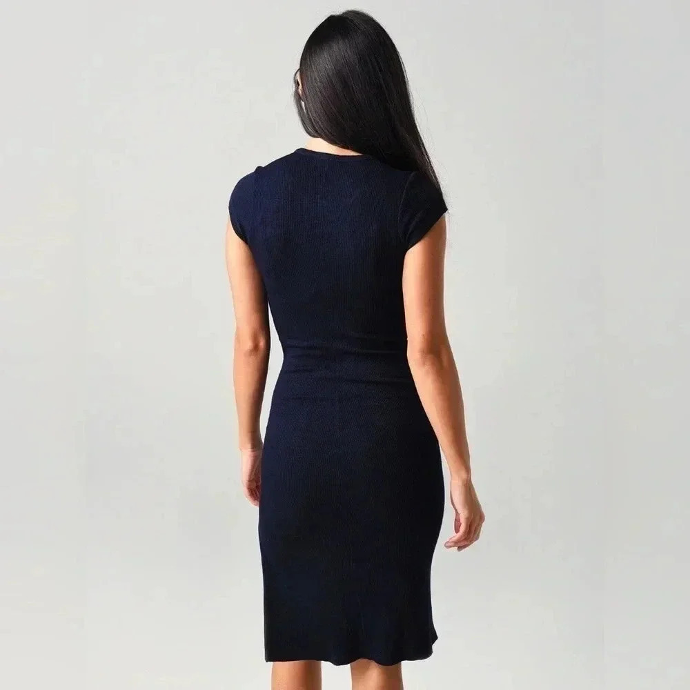 MONROW Women's Black Super-soft Rib Cap Sleeve Midi Dress Size M Medium - Picture 7 of 8